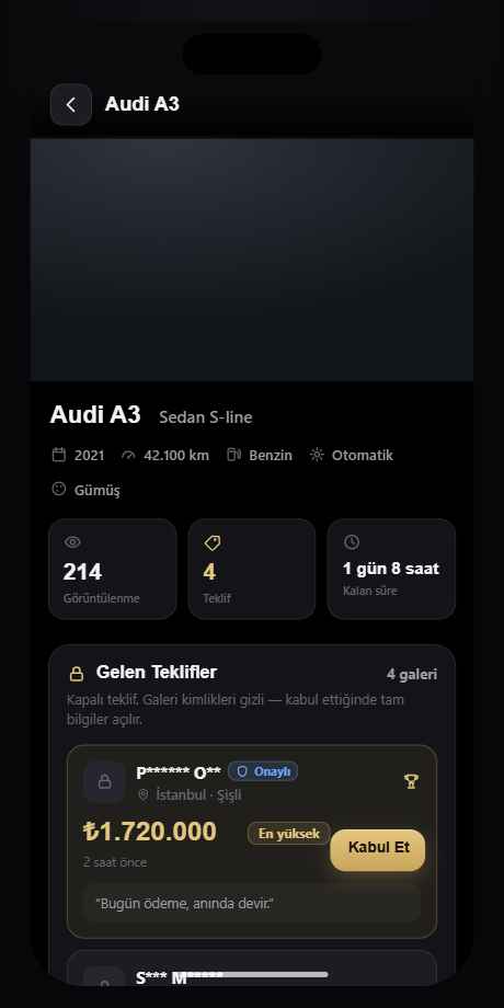 Otopey uygulamasında maskelenmiş kapalı teklif listesi
